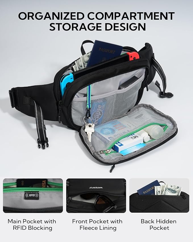 WATERFLY 3L Large Fanny Pack, 180° Opening Hip Pouch with Multi-Pockets, Anti-Theft RFID Blocking Waist Bag for Women Men Traveling Hiking Daily Use