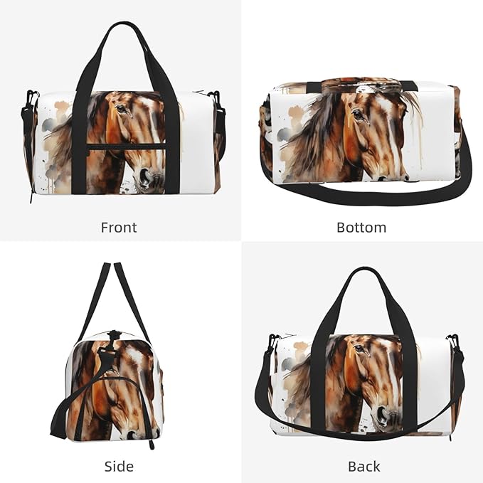 Sports Gym Bag Watercolor Horse Art Painting Travel Duffel Bag With Shoe Compartment Shoulder Strap, Lightweight Water-Resistant Weekend Overnight Totes For Women Men