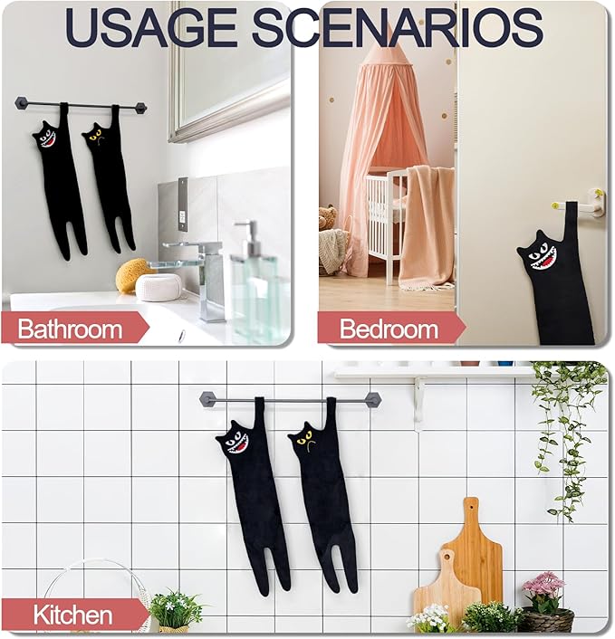 Cute Hand Towels - Funny Super Absorbent Dish Towels, Decorative Cat Shaped Towels for Bathroom, Kitchen, Living Room, Party - Black Cotton