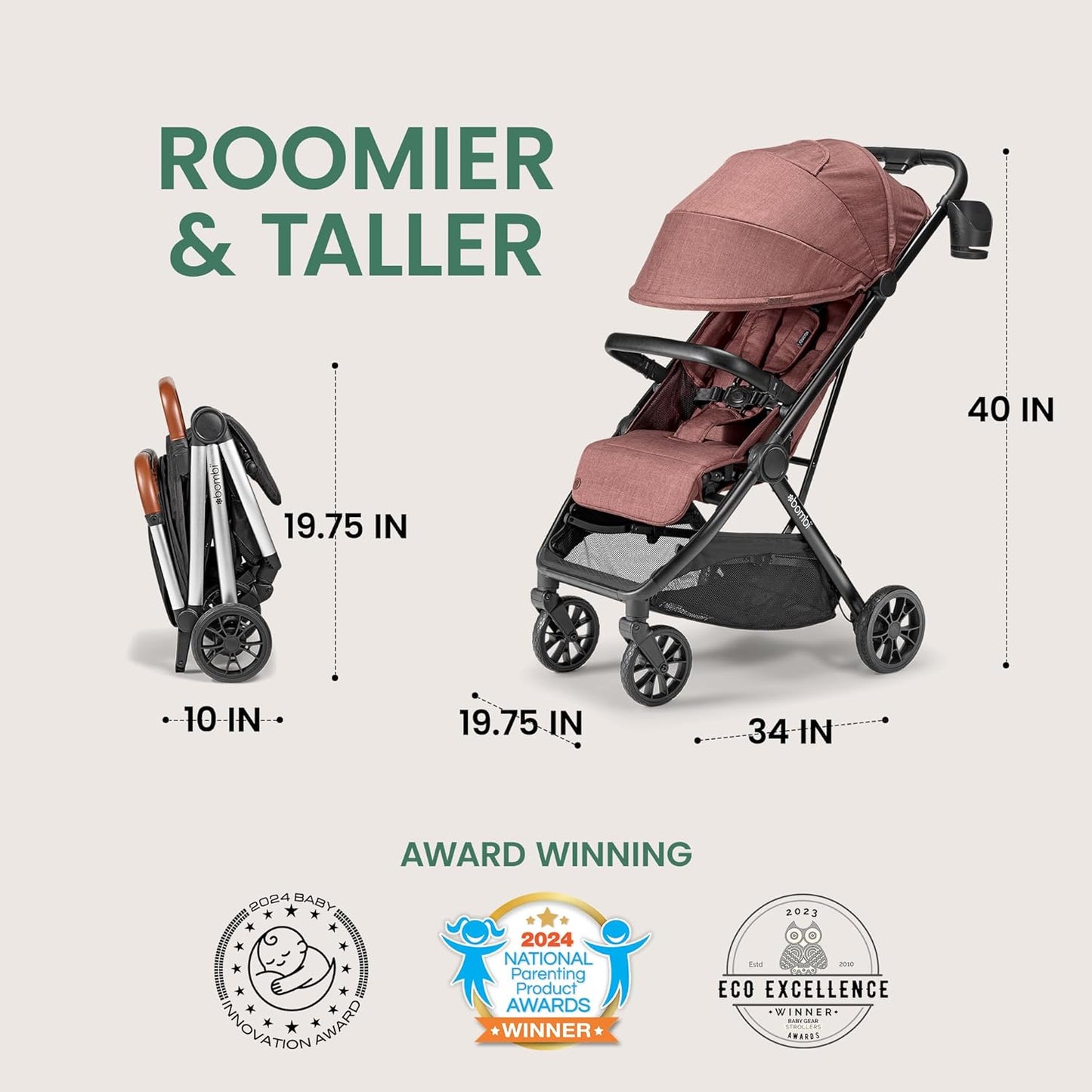 Bombi Bēbee V2 Lightweight Baby Stroller - Premium Vegan Leather, One-Hand Fold, Infinite Recline, Aircraft-Grade Aluminum Frame, XXL Canopy, and Ample Storage Umbrella Stroller - Desert Berry