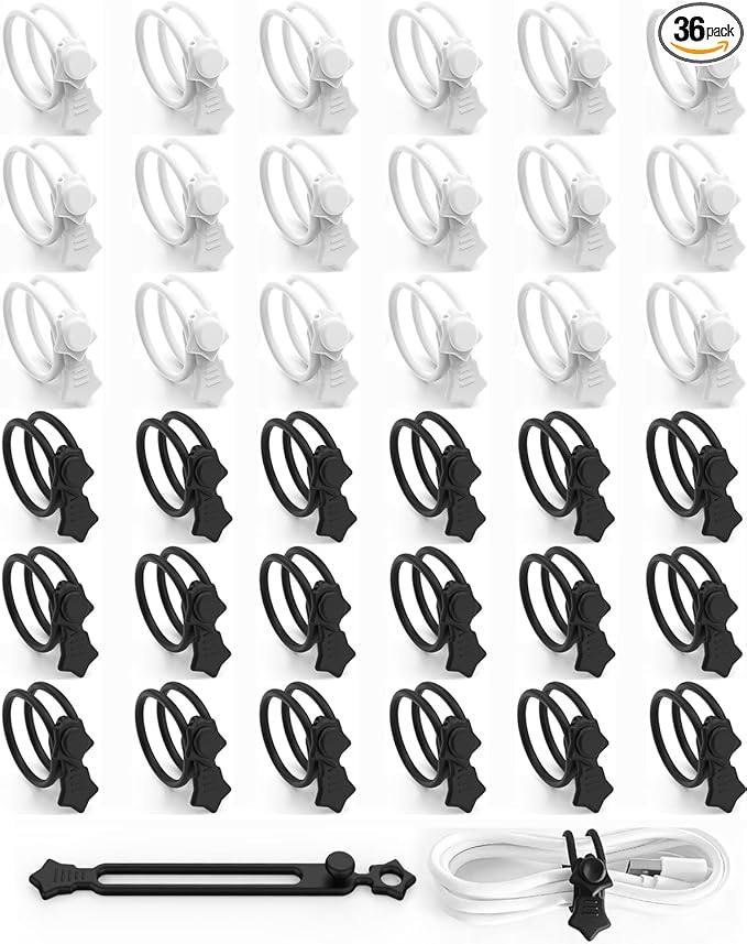 36-Pack Silicone Cable Ties, Reusable Cord Organizer Straps With 2 Binding Methos, Durable & Stretchable Wire Management for Home, Office, Travel (Black&White)