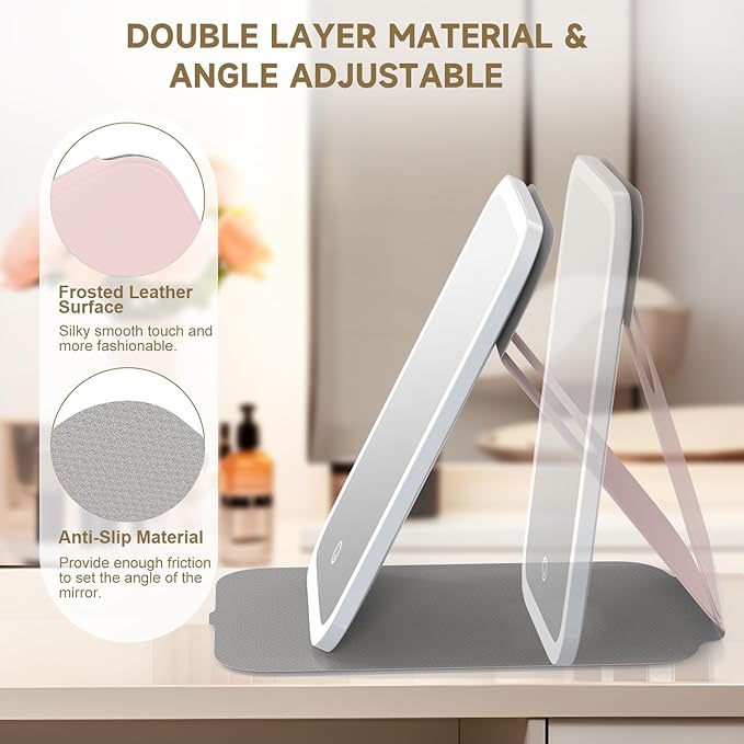 Mocado Travel Makeup Mirro with Lights, 360° Rotation Lighted Makeup Mirror, Portable Mirror with 10x Magnification, 60LEDs 3 Color Lightings, Dimmable Touch Screen, Tabletop Light up(Pink)