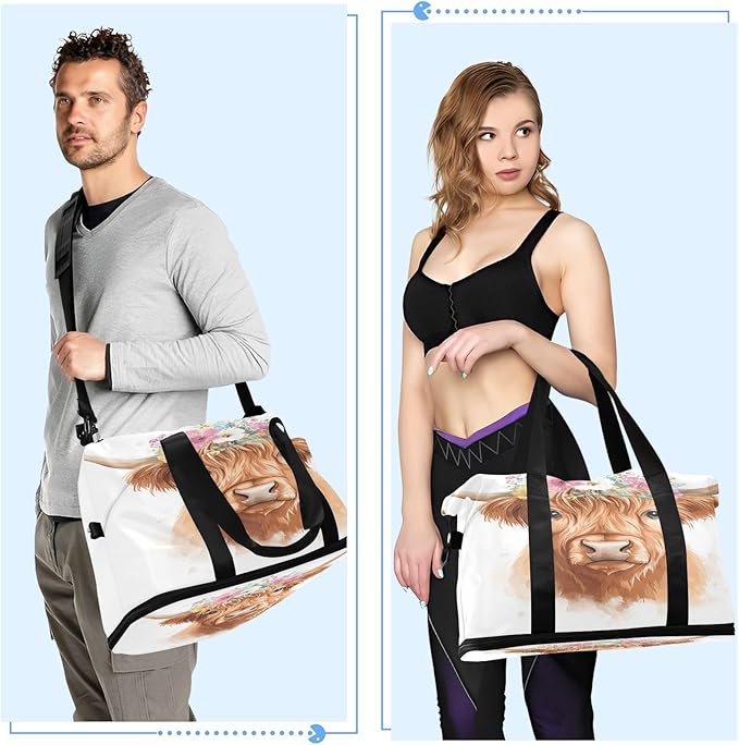 Travel Duffel Bags for Women Cute Highland Cow with Flower Crown Print Sports Duffel Bags Gym Bags with Shoes Compartment Tote Bag Weekender Bag for Travelling