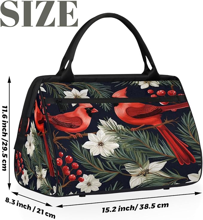 Overnight Weekender Bags for Women Men, Winter Red Bird Floral Waterproof Travel Carry On Duffel Bag, Lightweight Sports Gym Bag for Fitness, Workout, Travel