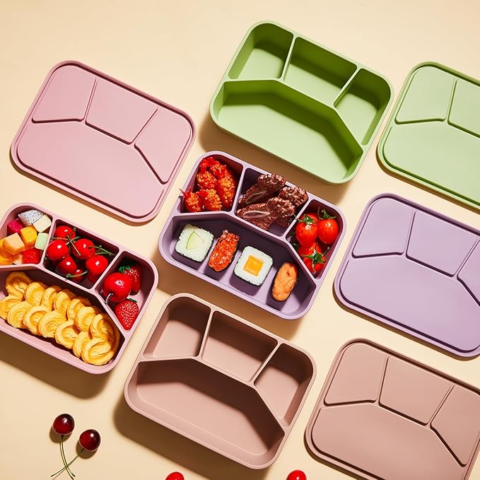 4 Pcs Silicone Bento Box Reusable Lunch Container Smooth Leak Proof Lunch Box Rectangle Bento Boxes for Adult Work Travel Food Meal Compartment Storage, 4 Colors(Pastel Color)