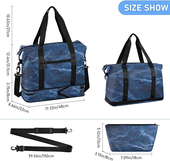 Travel Duffel Bags for Women Blue Marble Print Sports Duffel Bags Gym Bags with Shoes Compartment Tote Bag Weekender Bag for Travelling