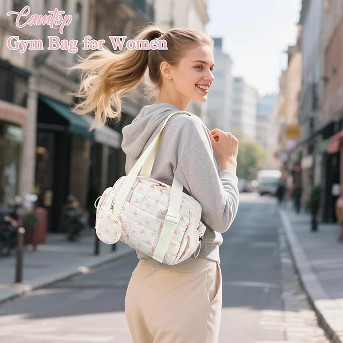 CAMTOP Mini Gym Bag for Women, Small Gym Tote Bag Puffy Quilted Sports Duffel Bag with Wet Compartment and Coin Purse Duffel Bags Dance Yoga Workout Bag for Gifts (Beige Pink Bow, Mini-12.6")