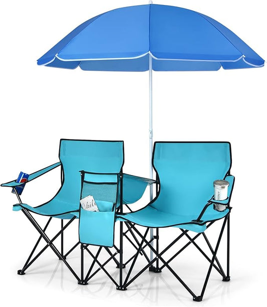 COSTWAY Double Portable Picnic Chairs, Folding Camping Chairs w/Detachable Umbrella, Cooler Bag, Cup Holders, Patio Beach Camping Chairs for Outdoors