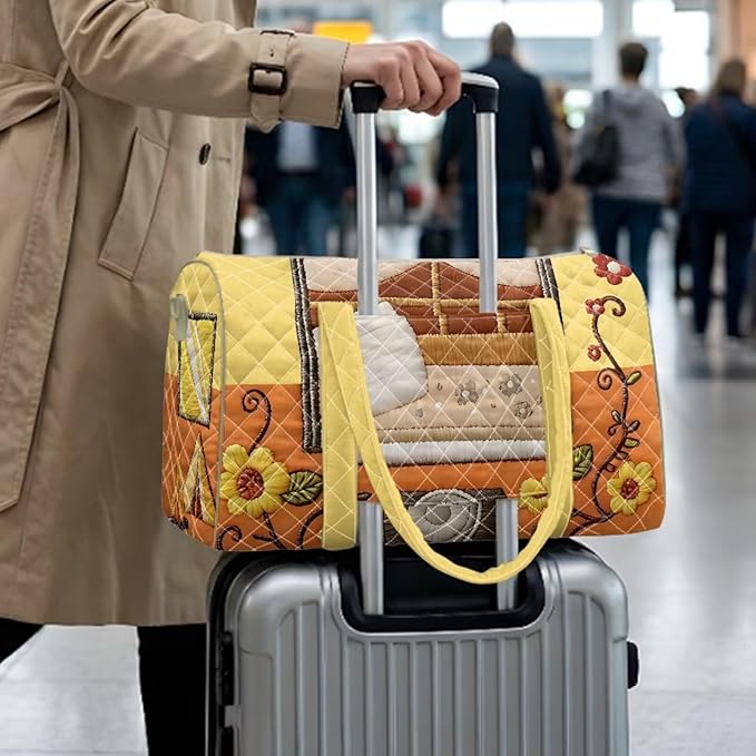 COEQINE Large Duffle Bag For Travel Women Yellow Sunflower Camper Print Quilted Tote Bag Large Car Shoulder Purses for Womens Gym Overnight Luggage Bag with Trolley Sleeve