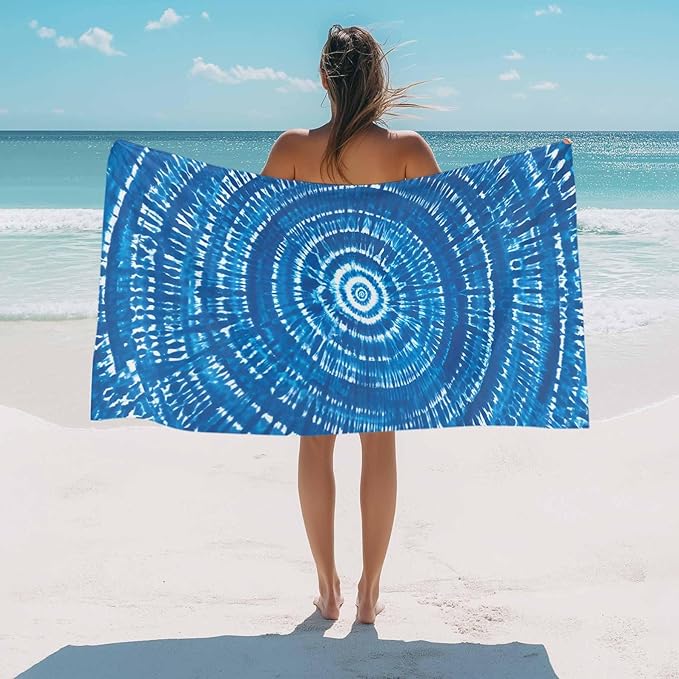Blue Gradient Beach Towel 35" x 71" Abstract Tie-Dye Art Quick Dry Sand Free Pool Towels Soft & Absorbent Compact Towels Beach Accessories for Travel Bathroom Swimming Pool