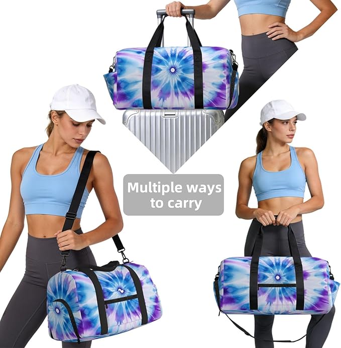 Sports Gym Bag Blue Purple Tie Dye Mandala Flower Travel Duffel Bag With Shoe Compartment Shoulder Strap, Lightweight Water-Resistant Weekend Overnight Totes For Women Men