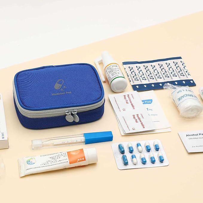 Small Empty First Aid Bag, Compact Travel Medicine Pouch Double Zippers Cute Pill Pocket for Travel Home,Blue