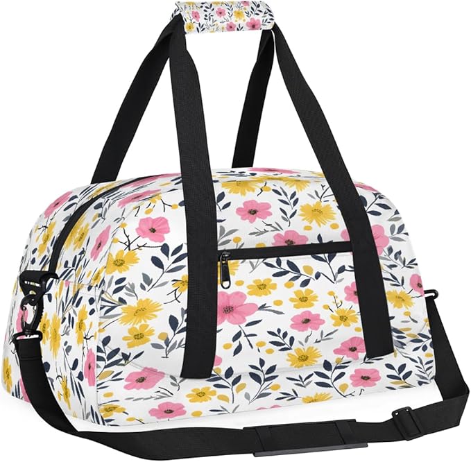 Gym Bag for Women Men, Pink Yellow Floral Travel Duffle Bags for Dance Ballet Overnight, Carry-On Weekender Bag with Detachable Shoulder Strap