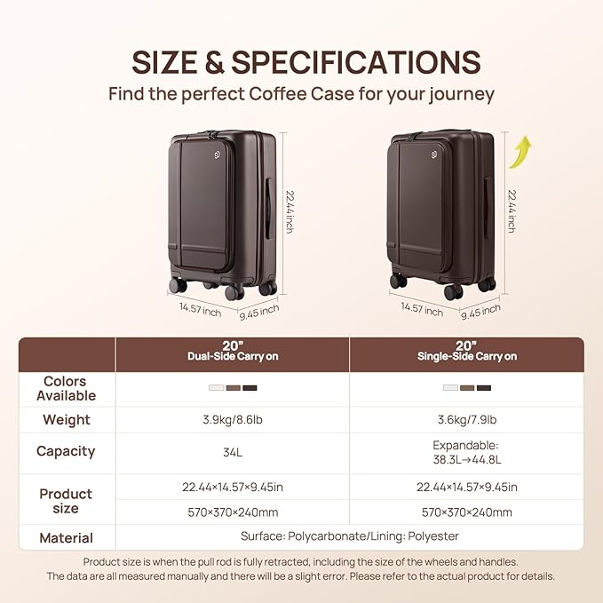 NINETYGO Carry On Luggage 22x14x9 Airline Approved, 20 Inch Suitcase with Front Compartment, Coffee-Infused PC Hard Shell, Eco-Friendly, Cup Holder, Clamshell, TSA Lock, Spinner Wheels (Americano)