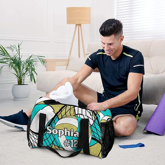 Custom Volleyball Turquoise Gold Duffel Bag with Name Personalized Travel Bags Sport Gym Bag Carry On Weekender Bags for Men Women
