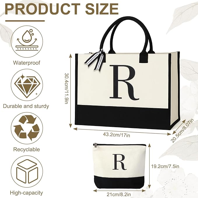 Personalized Canvas Tote Bag for Women Makeup Pouch Initial Beach Bag Removable Bottom Board for Travel Birthday