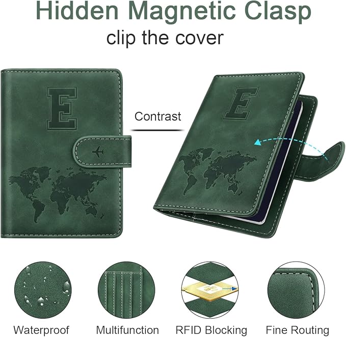 Personalized E Passport Holder Cover Initial Letter Travel Wallet RFID Blocking Passport Cover Credit Card Holder Case Passport Book Holders for Women and Men, Pine Green-E