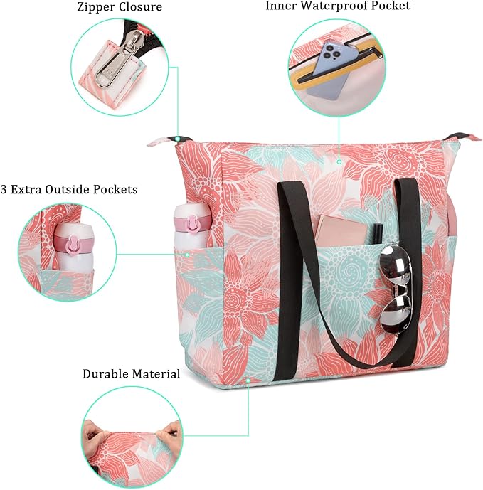 Octsky Large Beach Bags for Women - Waterproof Sandproof Beach Tote with Dual Zipper and Wet Pocket - 3 Outside Pockets