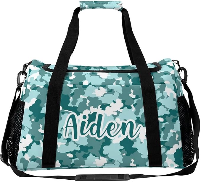 Duffle Bag, Personalized Name Camouflage Camo Teal Blue Pattern Travel Bag, Lightweight Gym Training Sports Bags Custom Unisex Gifts for Men Women
