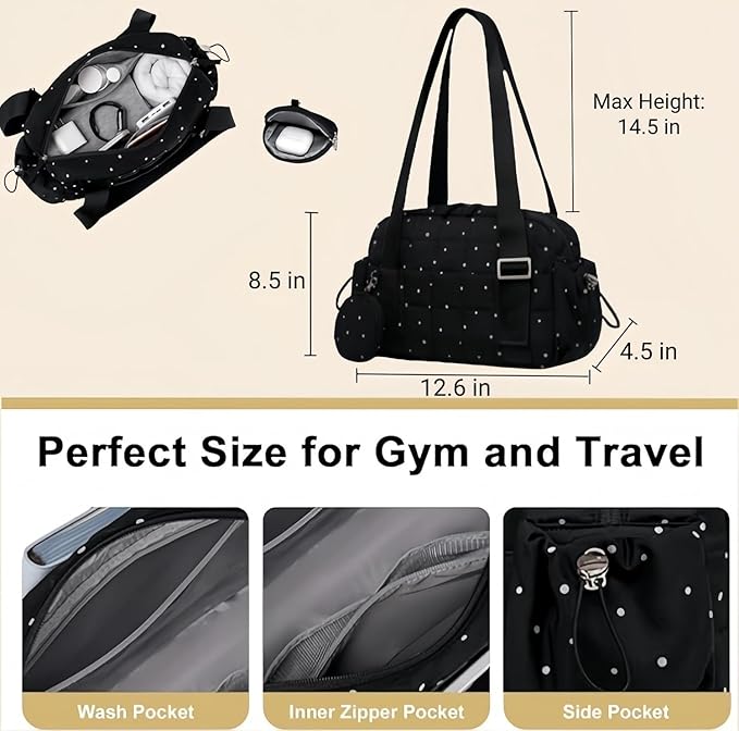 CAMTOP Mini Gym Bag for Women, Small Gym Tote Bag Puffy Quilted Sports Duffel Bag with Wet Compartment and Coin Purse Duffel Bags Dance Yoga Workout Bag for Gifts (Polka Dot, Mini-12.6")