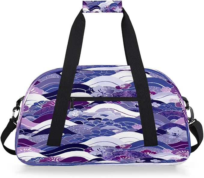 Duffle Bag for Women Men, Purple Wave Flower Texture Gym Bag for Travel Sports, Lightweight Waterproof Weekender Overnight Bags with Adjustable Strap