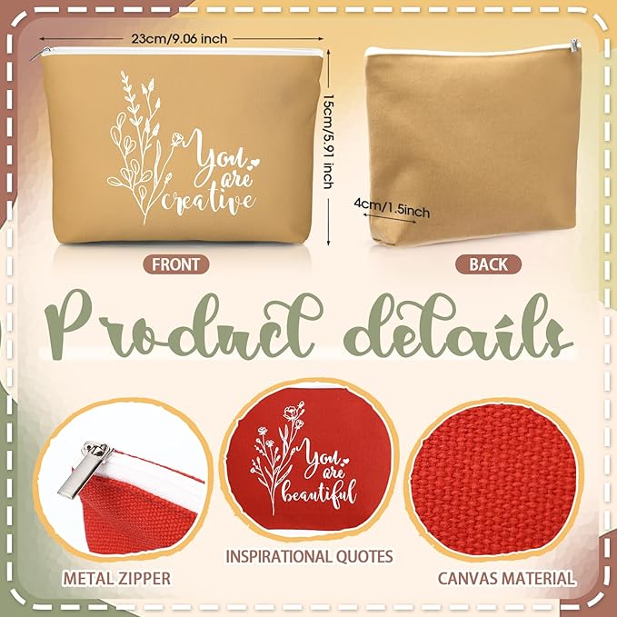 60 Pcs Employee Appreciation Gifts For Women Inspirational Canvas Makeup Bags Portable Compact Mirror Bulk Cosmetic Bags Thank You Gifts for Social Worker Coworkers (Botanical,Vintage)