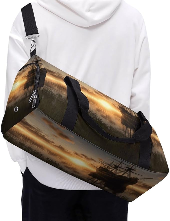 Ship in The Lake Sunset Gym Bag Lightweight ，Travel Duffle Bag with Shoe Compartment，Gym Bag for Women for Overnight, Weekend, Yoga, Gym, Business Trips, Sport And Hospital.
