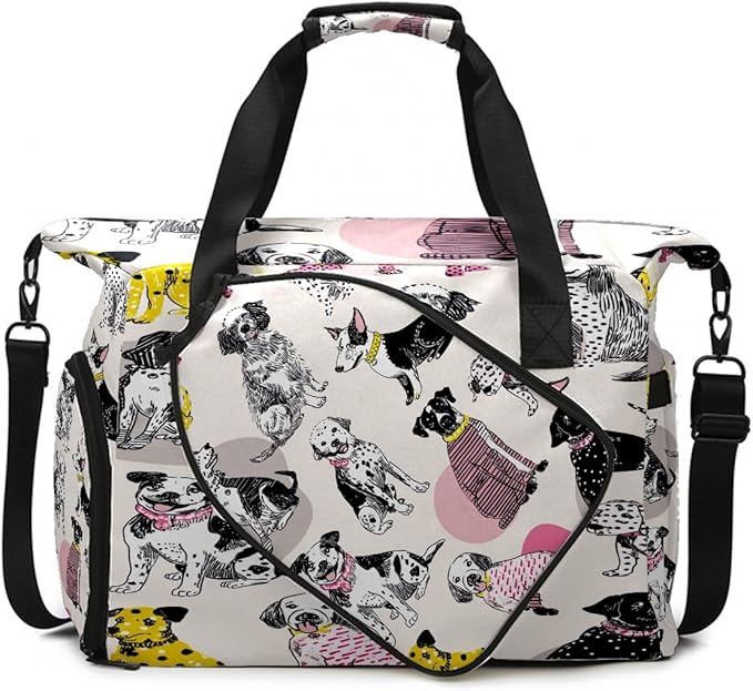Vintage Dog Black Gym Bag for Women & Tennis Bag, Large Sports Duffel Bag Waterproof with Ventilated Shoe Compartment & Front Racket Sleeve, Lightweight Travel Weekender Overnight Bag