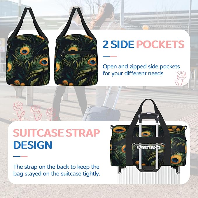 Peacock Feather Design Travel Duffle Bag for Women Men, Overnight Weekender Bag, Carry on Tote for Sport Gym