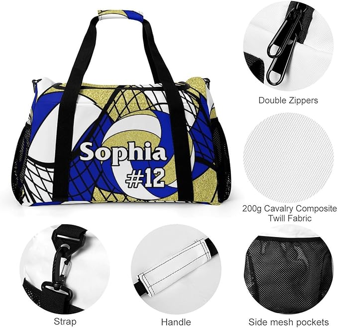 Custom Volleyball Deep Blue Gold Duffel Bag with Name Personalized Travel Bags Sport Gym Bag Carry On Weekender Bags for Men Women