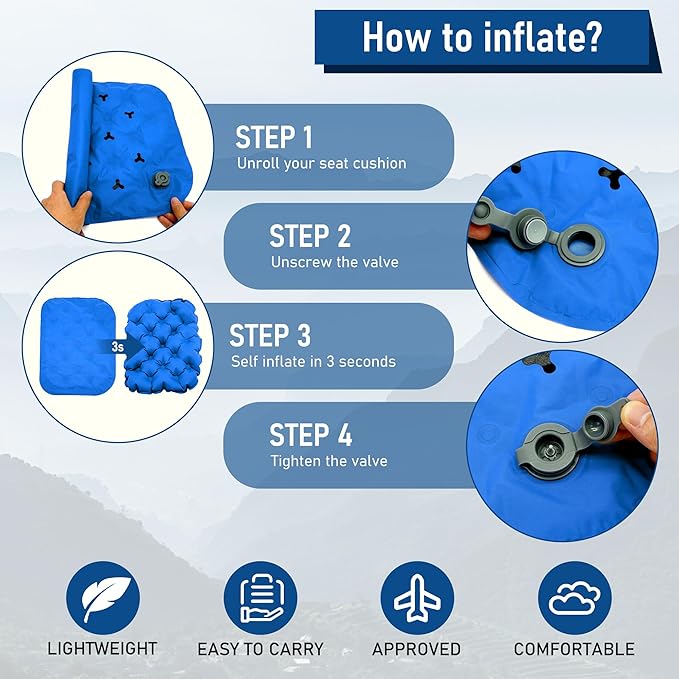 Inflatable Seat Cushion, Lightweight Stadium Seat Pad, Travel Air seat Cushion Anti-Slip for Airplane, Hiking, Climbing, Home and Camping,Blue