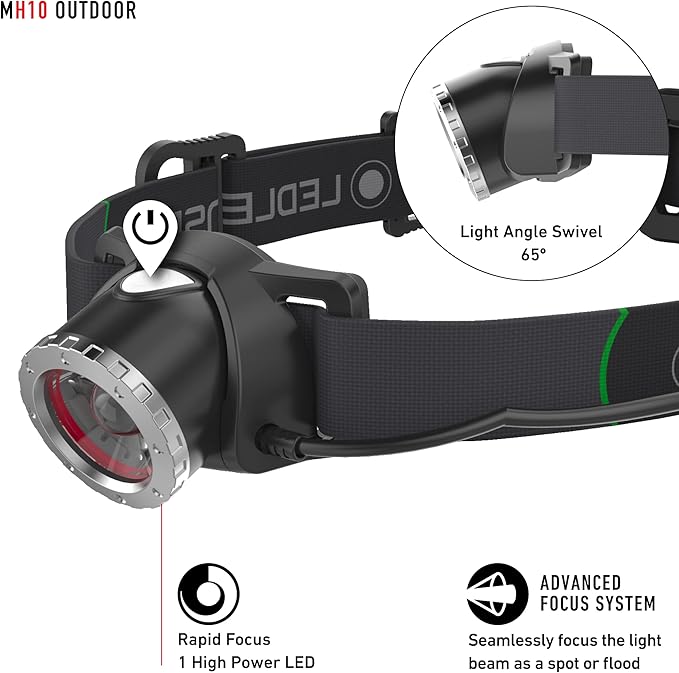 Ledlenser MH10 Rechargeable Headlamp - Black, 600 Lumens - High Weight-to-Lumen Ratio LED Headlamp - 120-Hour Runtime Rechargeable Headlight - Integrated Red Rear Visibility Hard Hat Light