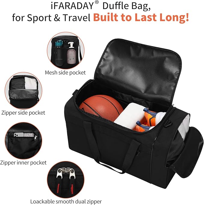 iFARADAY 40L Gym Bag for Men - 20 inch Sport Duffle Bag with Side Pocket, Two-Tone Design for Basketball, Football, Workout - Camo