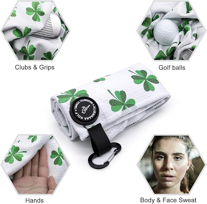 Magnetic Golf Towel, Microfiber Waffle Design with Clip - Industrial Strength Magnet for Strong Hold to Golf Bags, Carts Clubs (Lucky Clover)