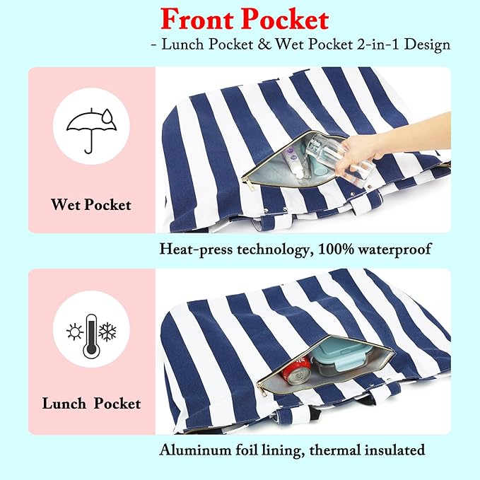 Large Canvas Beach Bag for Women, Beach Bags Waterproof Sandproof with Zipper & Wet Bag Cruise Essentials