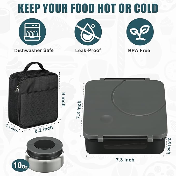 Itslife Bento Lunch Box for Kids with 8oz Soup Thermo&Lunch Bag, Leak-Proof Lunch Food Containers with 4 Compartment, Hot Food Insulated Food Jar for Kids School (Black&Grey)