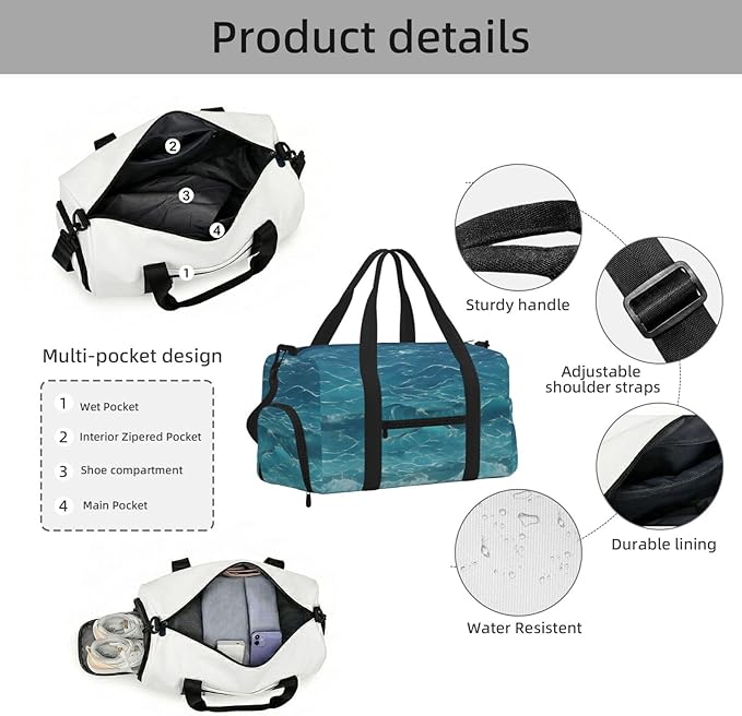 The deep blue sea Print Gym Bag with Shoe Compartment for Women Men, 17.7in Sports Duffle Weekender Tote, Overnight Travel Duffel Bag Carry On