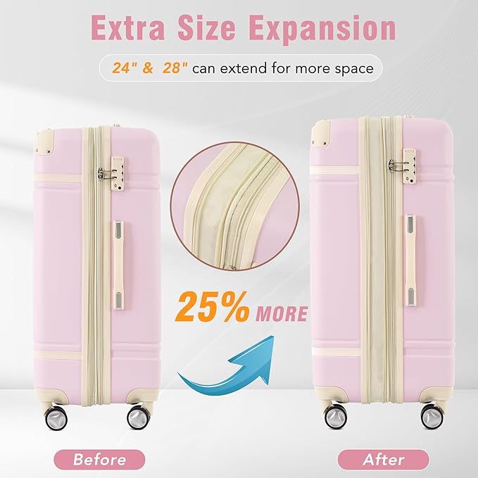 Merax 24 Inch Checked Luggage, Expandable Suitcase with Spinner Wheels, Hard Shell Vintage Luggage Set with TSA Lock(Light Pink)