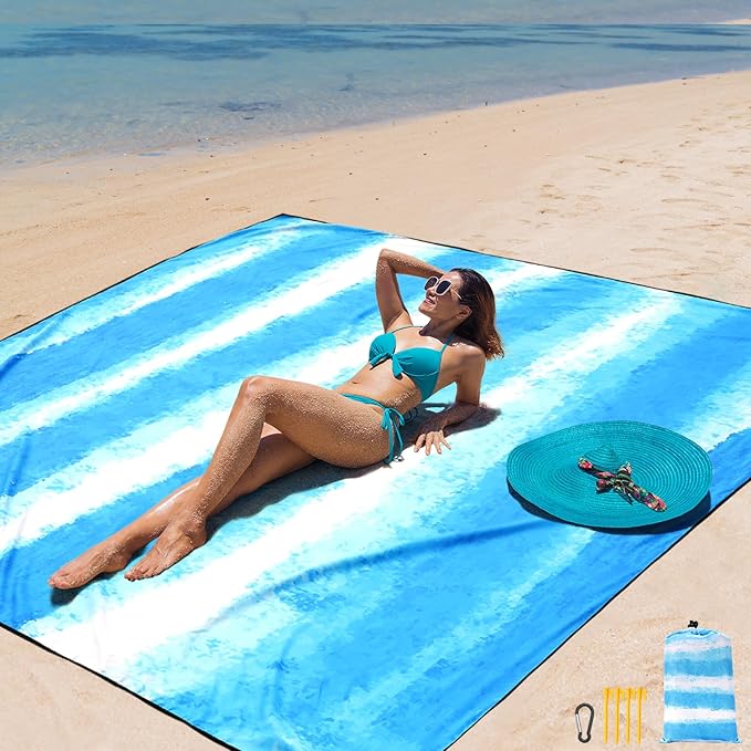 AISPARKY Beach Blanket Waterproof Sandproof Extra Large, Oversized Beach Mat, Quick Drying&Compact&Lightweight, Picnic Blankets Vacation Essentials for Outdoor Beach Camping (79" X 83" (4 Person))