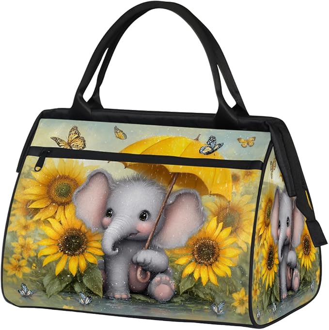 Cute Elephant Umbrella Sunflower Overnight Weekender Bags for Women Men, Waterproof Travel Carry On Duffel Bag, Lightweight Sports Gym Bag for Fitness, Workout, Travel