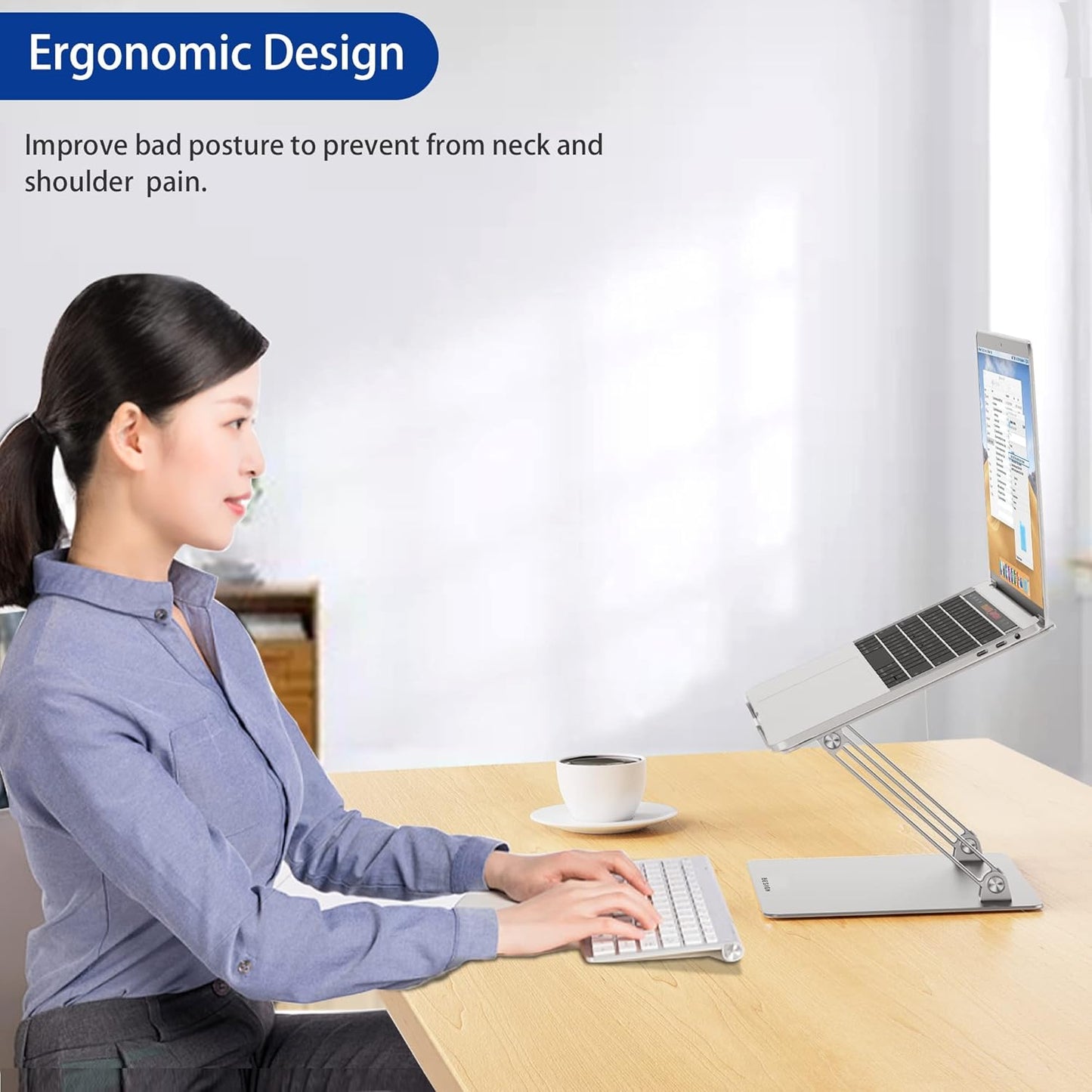 BESIGN LS10 Aluminum Laptop Stand, Ergonomic Adjustable Notebook Stand, Computer Holder Compatible with Air, Pro, Dell, HP, Lenovo More 10-14" Laptops, Silver