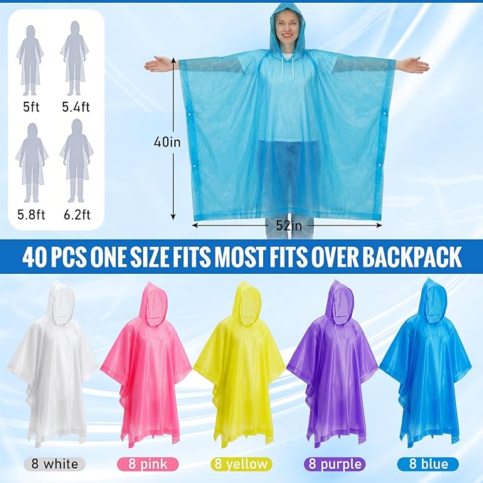 Zhehao 40 Pcs Rain Ponchos for Adult Homeles Bulk Reusable Raincoat with Drawstring Waterproof Plastic Raincoat for Men Women