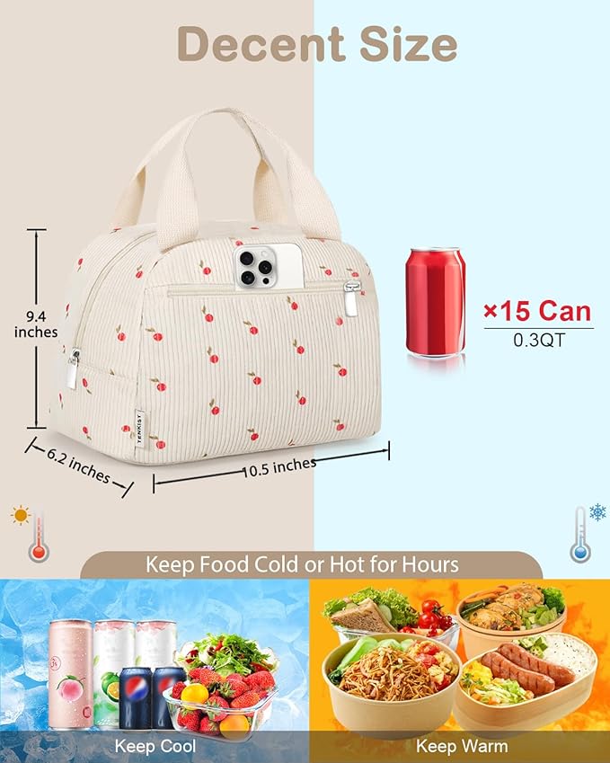 Cute Lunch Box Tote Bag - Corduroy Insulated Cooler Bags for Women - Lightweight Reusable Portable Soft Lunch Pail Kit for Kids Teen Girl Adults Work School Picnic Travel Cherry 12L