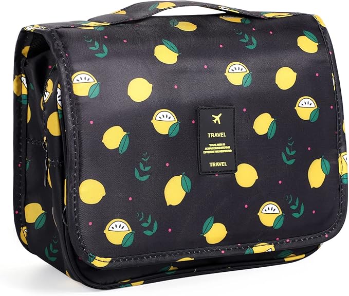 Pengxiaomei Toiletry Bag, Waterproof Hanging Cosmetic Bag Portable Travel Makeup Pouch Bathroom Bag Stocking Stuffers for Women Christmas Gifts(Black Lemon)