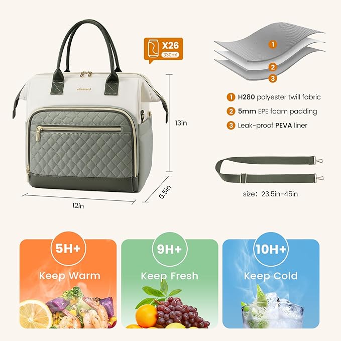 LOVEVOOK Lunch Bag Women, Insulated Adult Lunch Box for Women Work, Wide Opening Leakproof Cooler Tote Bag for Office Campus Picnic Beach with Shoulder Strap, Loncheras Para Mujer with Cup Holder