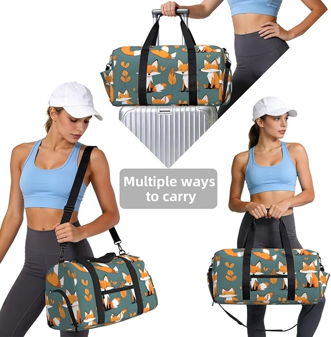 Yellow fox Print Gym Bag with Shoe Compartment for Women Men, 17.7in Sports Duffle Weekender Tote, Overnight Travel Duffel Bag Carry On