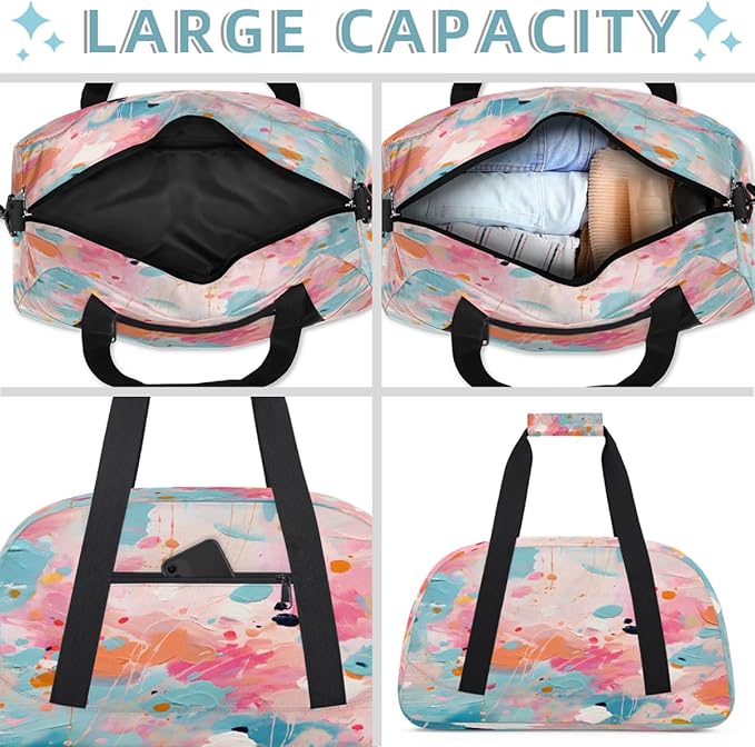 Travel Duffle Bag, Pink Orange Abstract Paint Splatter Waterproof Weekender Overnight Bags for Women Men Lightweight Carry on Duffle Gym Bag for Travel, Sports, Fitness, Workout