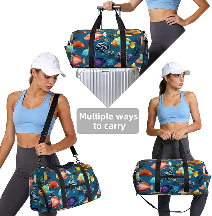 Submarine reef fish Print Gym Bag with Shoe Compartment for Women Men, 17.7in Sports Duffle Weekender Tote, Overnight Travel Duffel Bag Carry On