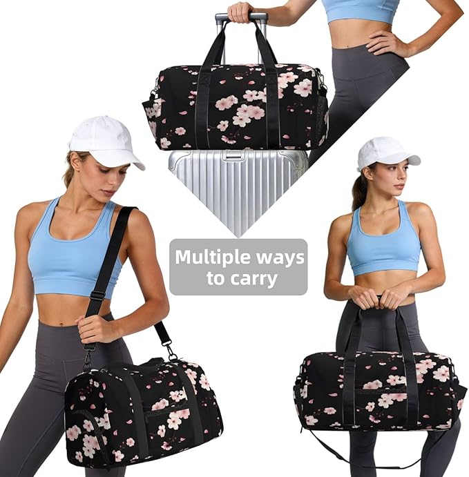 Sports Gym Bag Blossom Pink Cherry Flowers Travel Duffel Bag With Shoe Compartment Shoulder Strap, Lightweight Water-Resistant Weekend Overnight Totes For Women Men