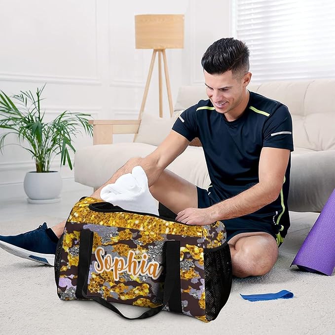 Golden Yellow Camo Sequin Print Luggage Bag Waterproof Duffel Bag Adjustable Shoulder Strap Perform Training Travel Bag for Teens Adults Backpack